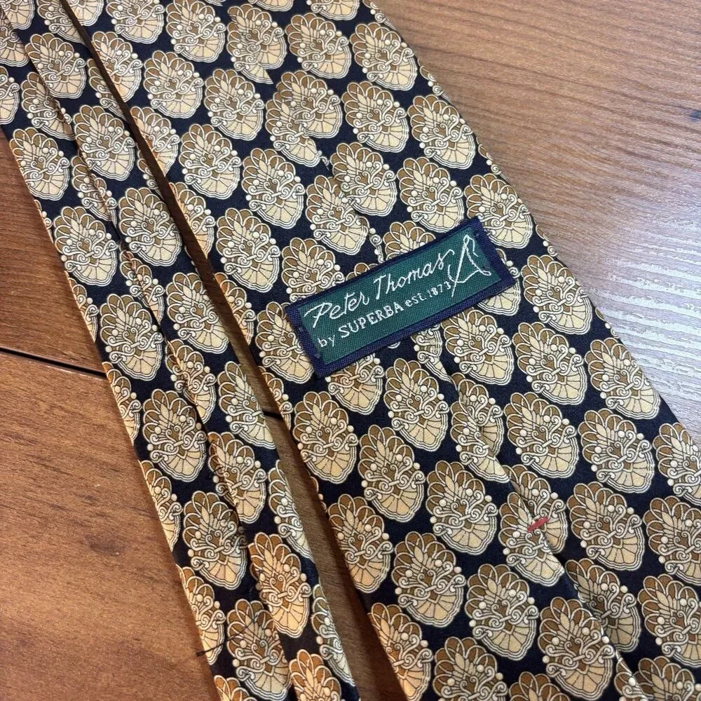 VTG Peter Thomas by Superba Men's Necktie Black Gold Medallion Italian Silk USA